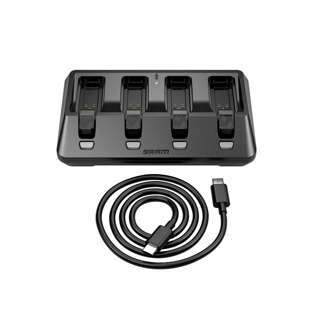 The new Four Battery Charger is what you want when you need a bunch of AXS batteries charged in a hurry. This USB-C powered charger will fill four batteries in the same time as a single charger, with charge time even faster if only one or two batteries are being charged. It also has a fast charging feature that gets the batteries to 75% extra quickly.