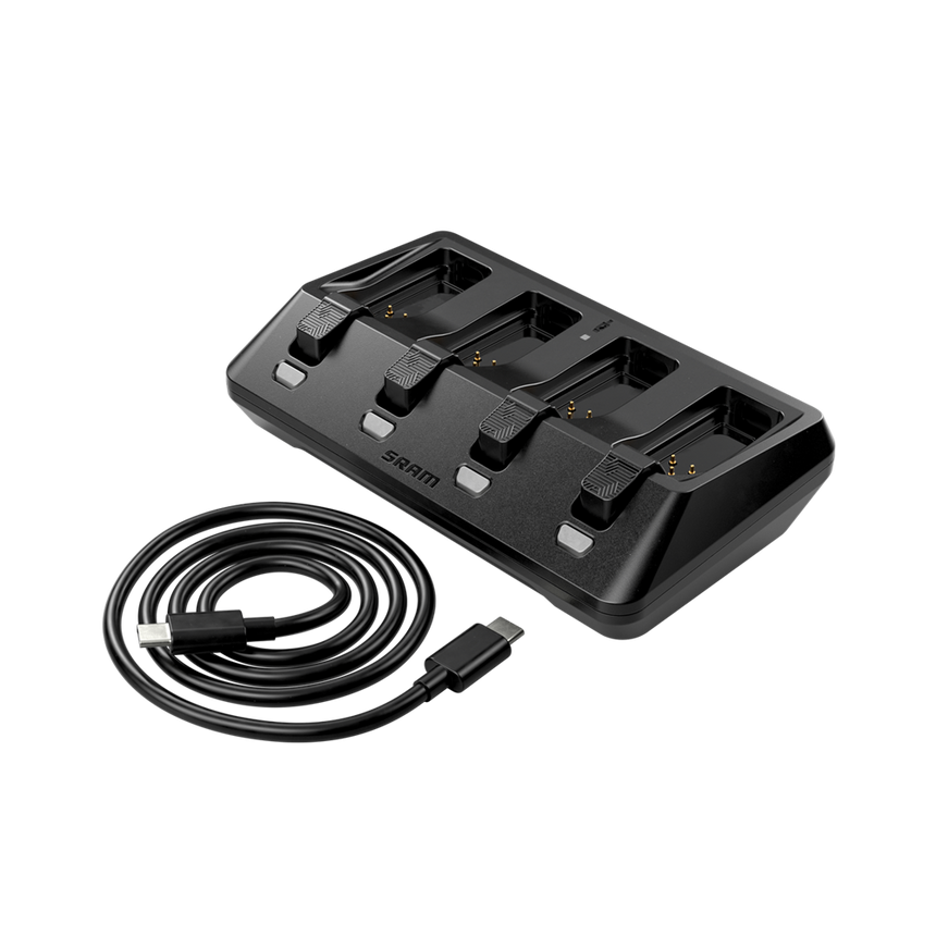 The new Four Battery Charger is what you want when you need a bunch of AXS batteries charged in a hurry. This USB-C powered charger will fill four batteries in the same time as a single charger, with charge time even faster if only one or two batteries are being charged. It also has a fast charging feature that gets the batteries to 75% extra quickly. 