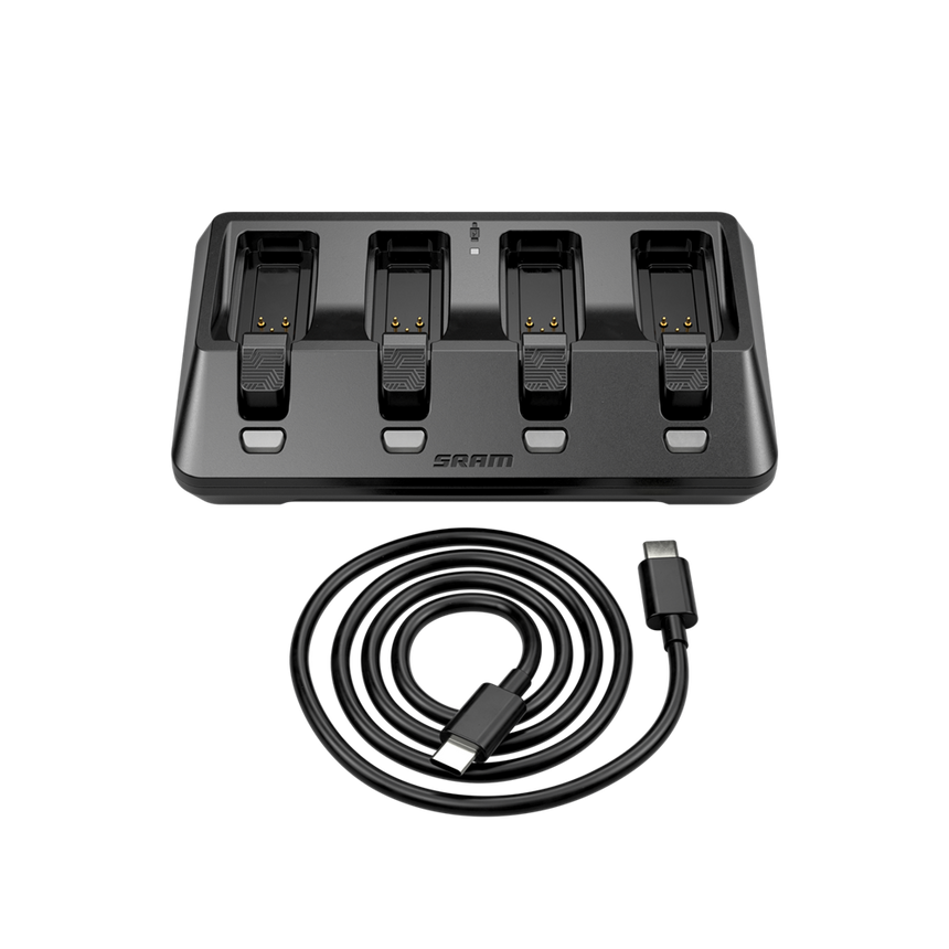 The new Four Battery Charger is what you want when you need a bunch of AXS batteries charged in a hurry. This USB-C powered charger will fill four batteries in the same time as a single charger, with charge time even faster if only one or two batteries are being charged. It also has a fast charging feature that gets the batteries to 75% extra quickly. 
